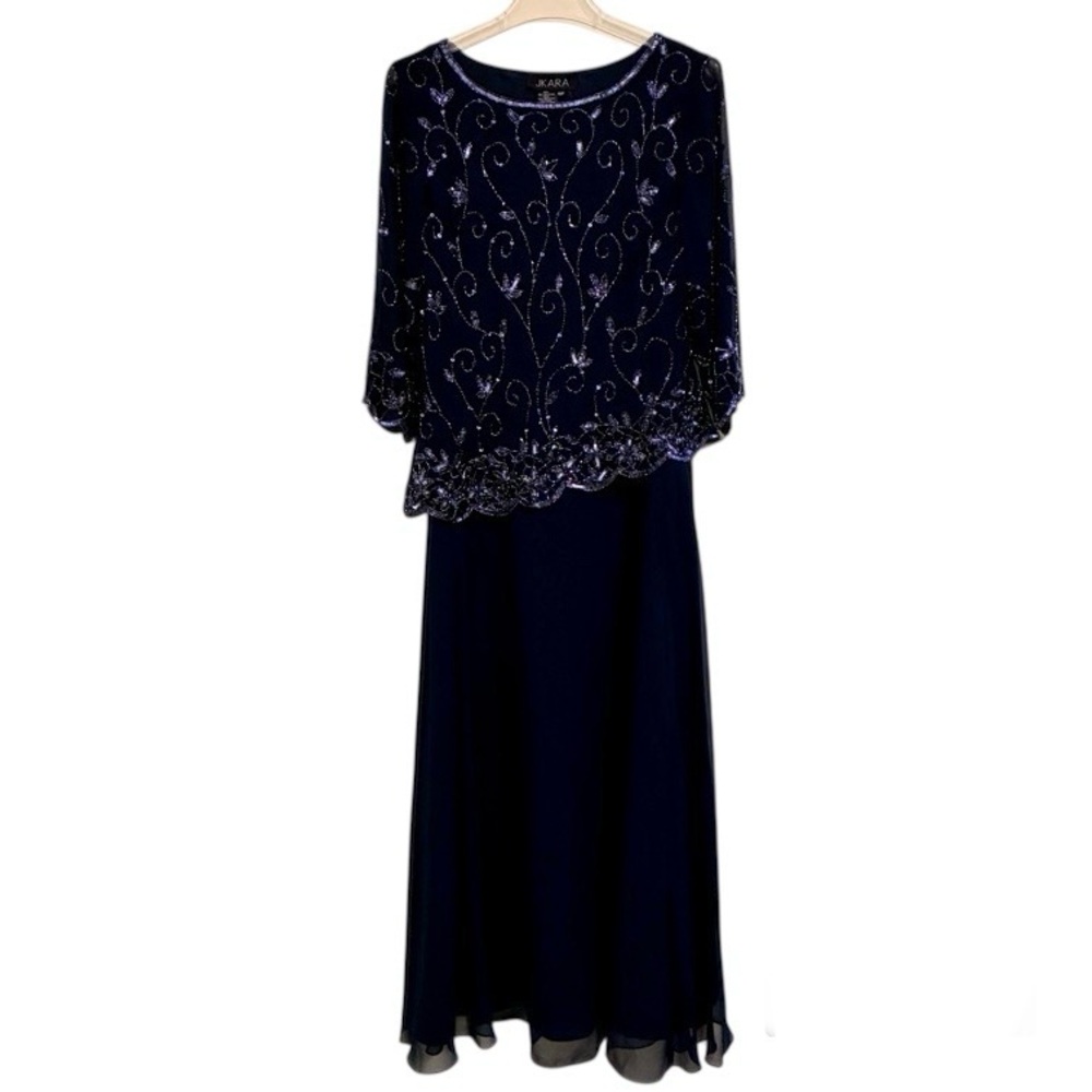J Kara Navy Beaded Overlay Evening Dress Size 10 Petite